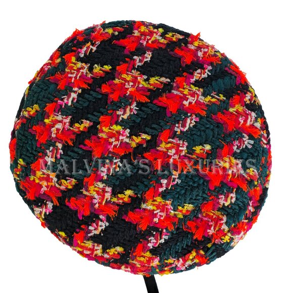 GUCCI LAME BERET CAP Check Lame Multicolour Tweed $610 GUCCI BERET CHECK LAME TWEED WOOL BLEND HAT w G LOGO $610 sz  main image 4